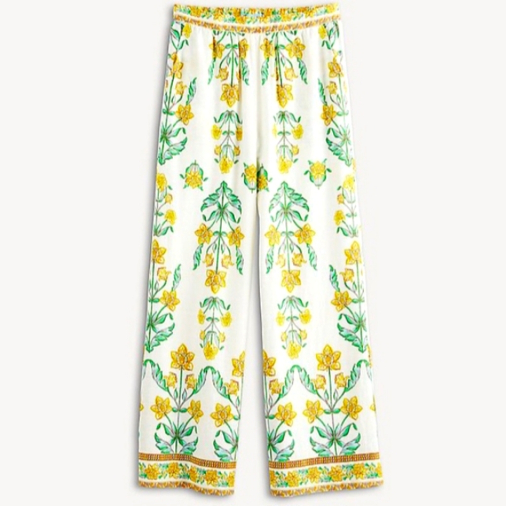 NWT, Draper James, Size XL, Yellow Floral, Linen Blend Wide Leg Pull-On Pants